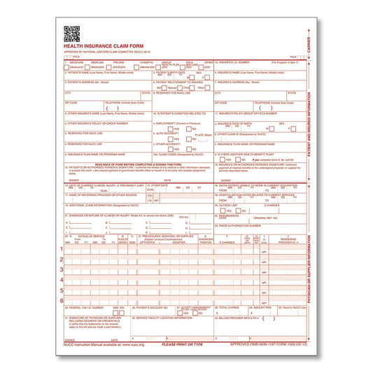 Adams CMS Health Insurance Claim Form, Two-Part Carbonless, 8.5 x 11, 100 Forms Total (CMS1500L1V)