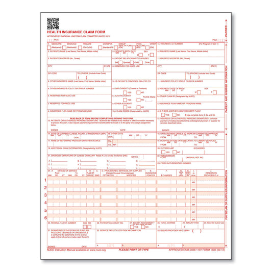 ComplyRight CMS-1500 Health Insurance Claim Form, One-Part (No Copies), 8.5 x 11, 250 Forms Total (CMS12LC250)