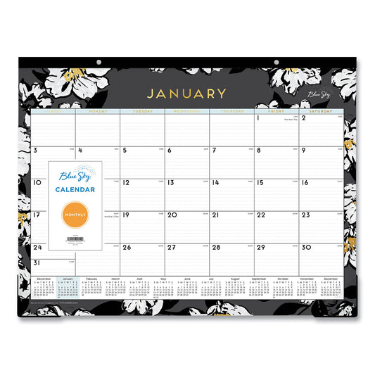 Blue Sky Baccara Dark Desk Pad, Floral Artwork, 22 x 17, White/Black/Gold Sheets, Black Binding, 12-Month (Jan to Dec): 2025 (110215)