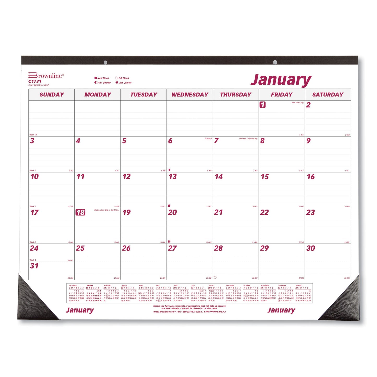 Brownline Monthly Desk Pad Calendar, 22 x 17, White/Burgundy Sheets, Black Binding, Black Corners, 12-Month (Jan to Dec): 2025 (C1731)