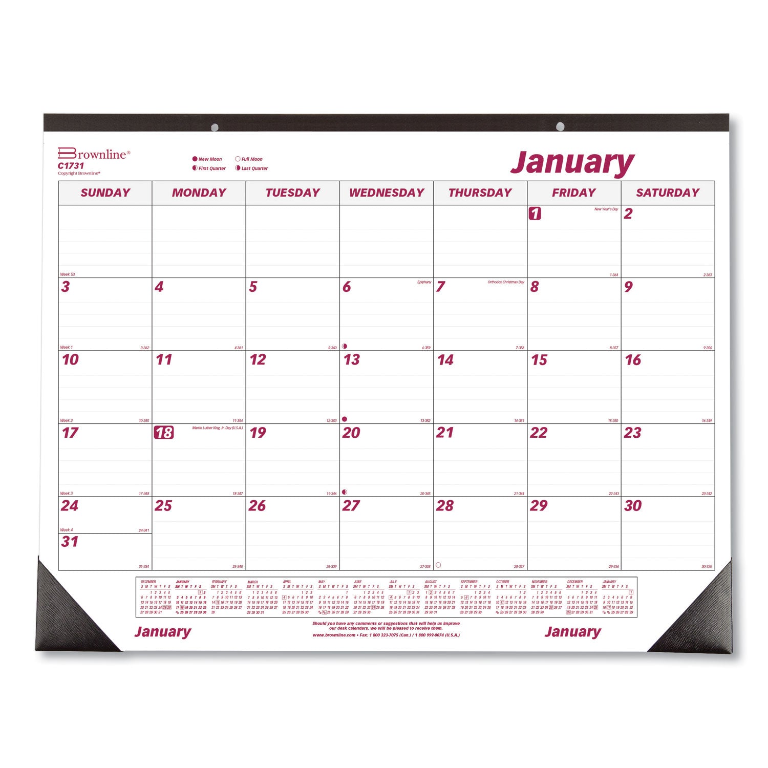 Brownline Monthly Desk Pad Calendar, 22 x 17, White/Burgundy Sheets, Black Binding, Black Corners, 12-Month (Jan to Dec): 2025 (C1731)