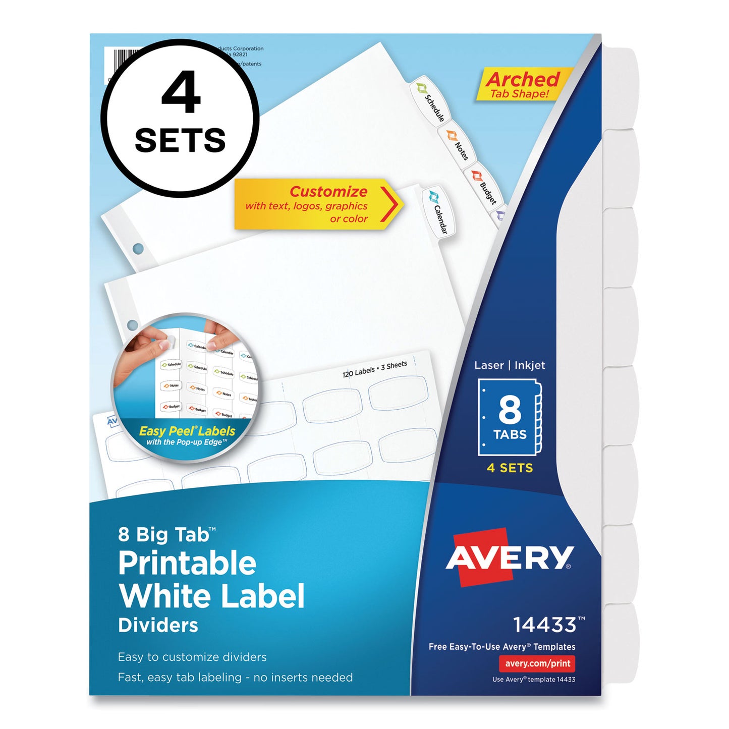 Avery Big Tab Printable White Label Tab Dividers, 8-Tab, 11 x 8.5, White, 4 Sets (14433)