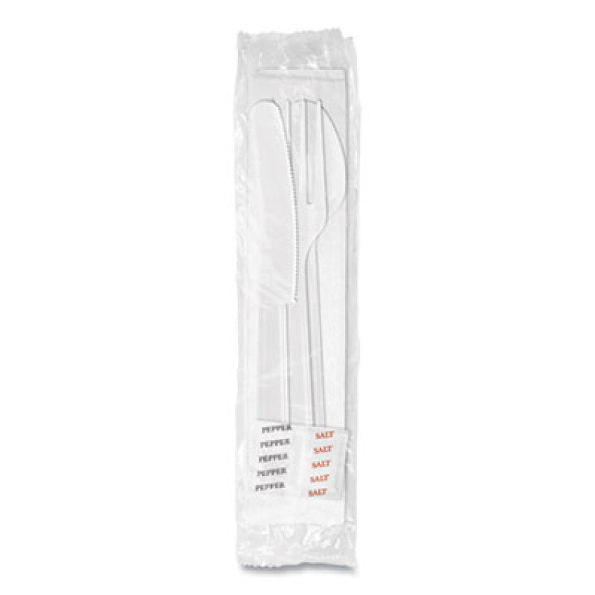 Berkley Square Medium Heavyweight Cutlery Kit, Plastic Fork/Spoon/Knife/Salt/Pepper/Napkin, White, 250/Carton (1181239)