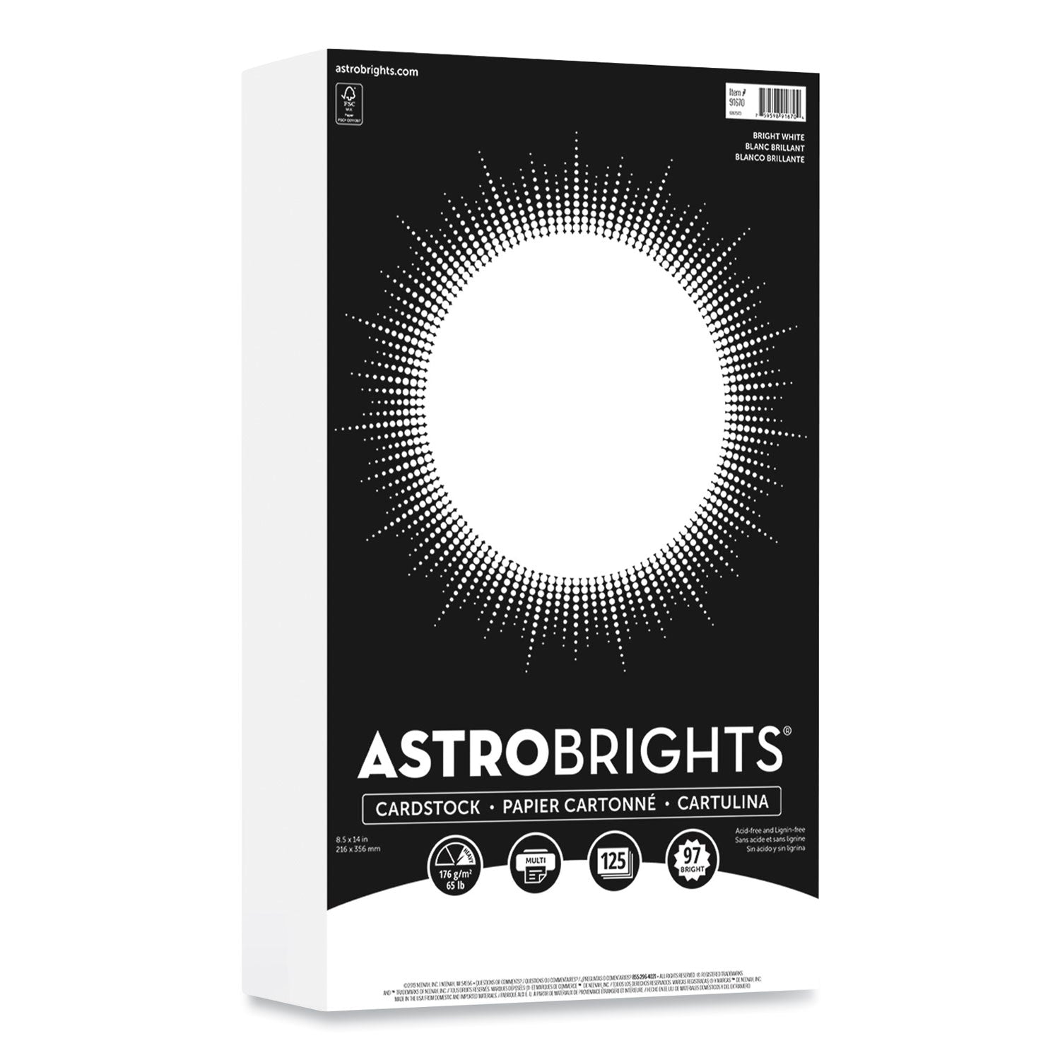 Astrobrights Color Cardstock, 65 lb Cover Weight, 8.5 x 14, Bright White, 125/Pack (91670)