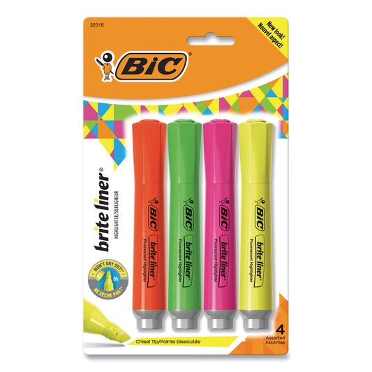 BIC Brite Liner Tank-Style Highlighter, Assorted Ink Colors, Chisel Tip, Assorted Barrel Colors, 4/Set (BLMGP41ASST)