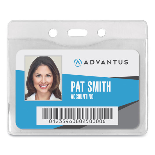 Advantus Security ID Badge Holders, Horizontal, Pre-Punched for Chain/Clip, Clear, 3.75" x 3.25" Holder, 3.5" x 2.5" Insert, 50/Box (75411)