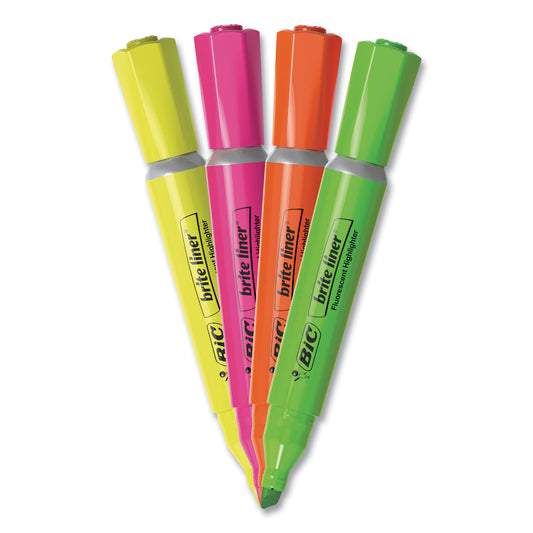 BIC Brite Liner Tank-Style Highlighter, Assorted Ink Colors, Chisel Tip, Assorted Barrel Colors, 4/Set (BLMGP41ASST)