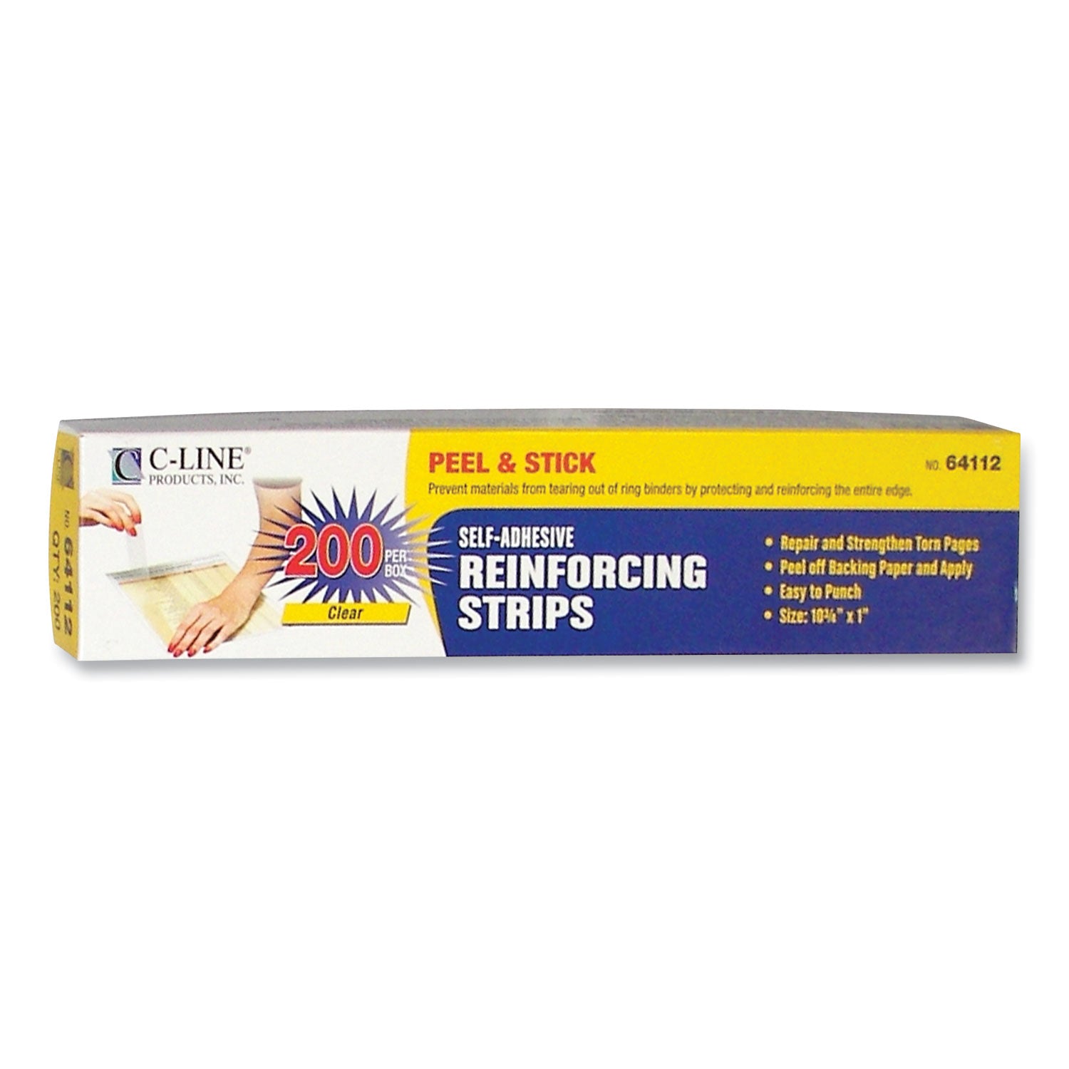 C-Line Self-Adhesive Reinforcing Strips, 1 x 10.75, Clear, 200/Box (64112)