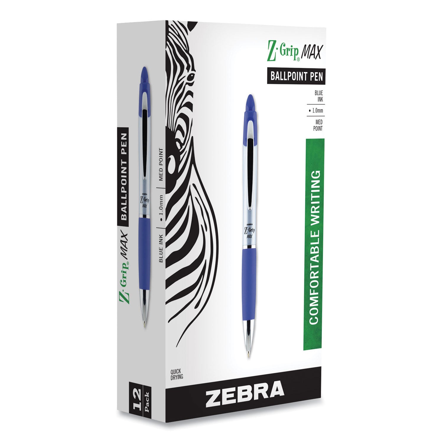 Zebra Z-Grip MAX Ballpoint Pen, Retractable, Medium 1 mm, Blue Ink, Silver/Blue Barrel, 12/Pack (22420)