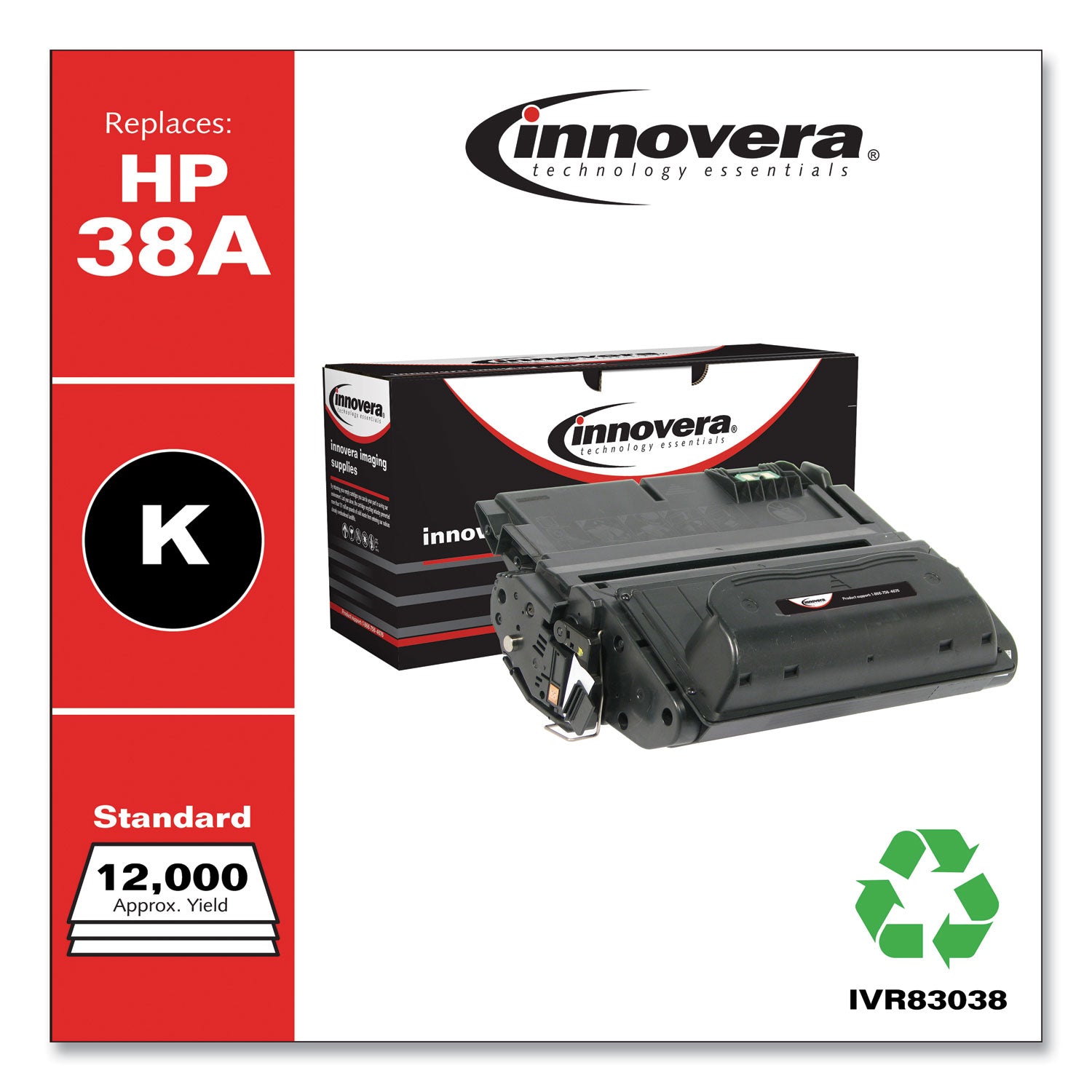 Innovera Remanufactured Black Toner, Replacement for 38A (Q1338A), 12,000 Page-Yield (83038)