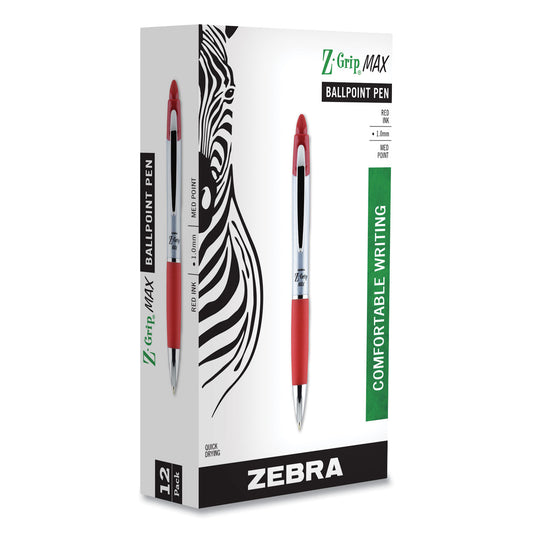 Zebra Z-Grip MAX Ballpoint Pen, Retractable, Medium 1 mm, Red Ink, Silver/Red Barrel, 12/Pack (22430)