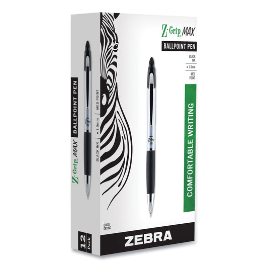 Zebra Z-Grip MAX Ballpoint Pen, Retractable, Medium 1 mm, Black Ink, Silver/Black Barrel, 12/Pack (22410)