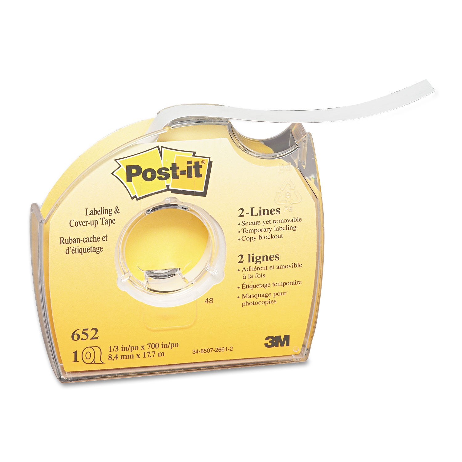 Post-it Labeling and Cover-Up Tape, Non-Refillable, Clear Applicator, 0.33" x 700" (652)