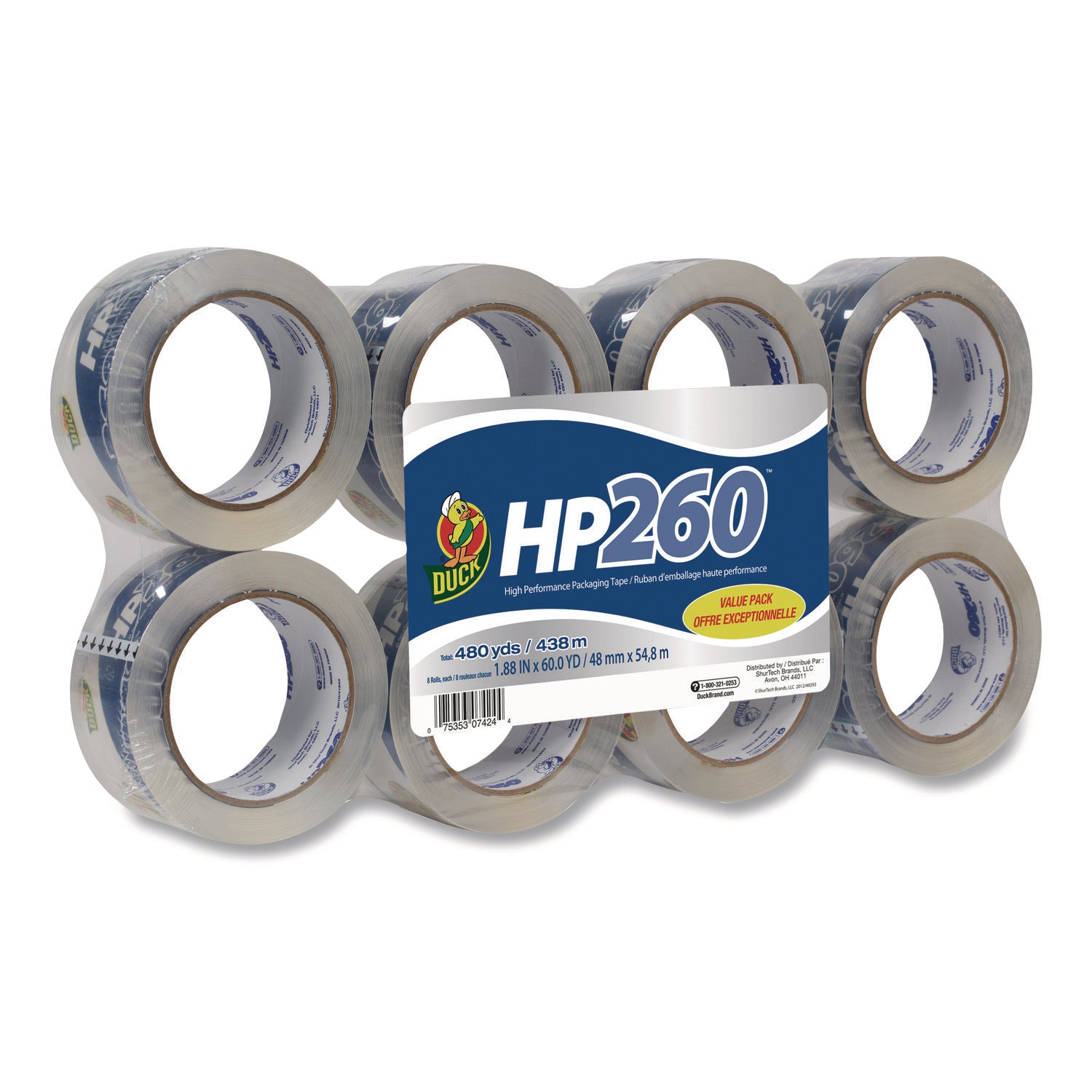 Duck HP260 Packaging Tape, 3" Core, 1.88" x 60 yds, Clear, 8/Pack (0007424)