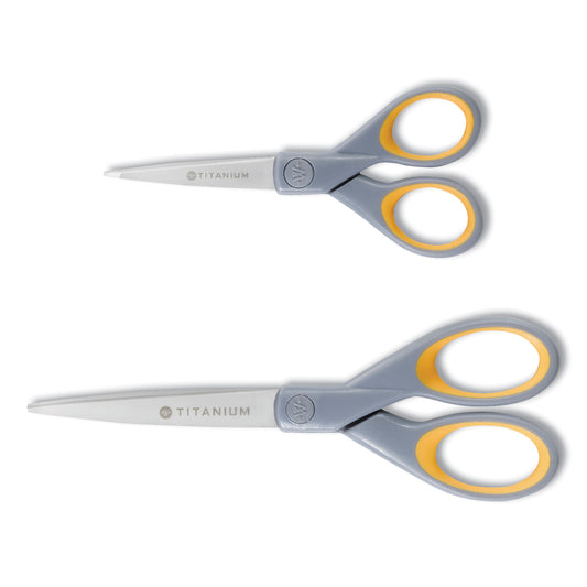 Westcott Titanium Bonded Scissors, 5" and 7" Long, 2.25" and 3.5" Cut Length, Straight Gray/Yellow Handle, 2/Pack (13824)