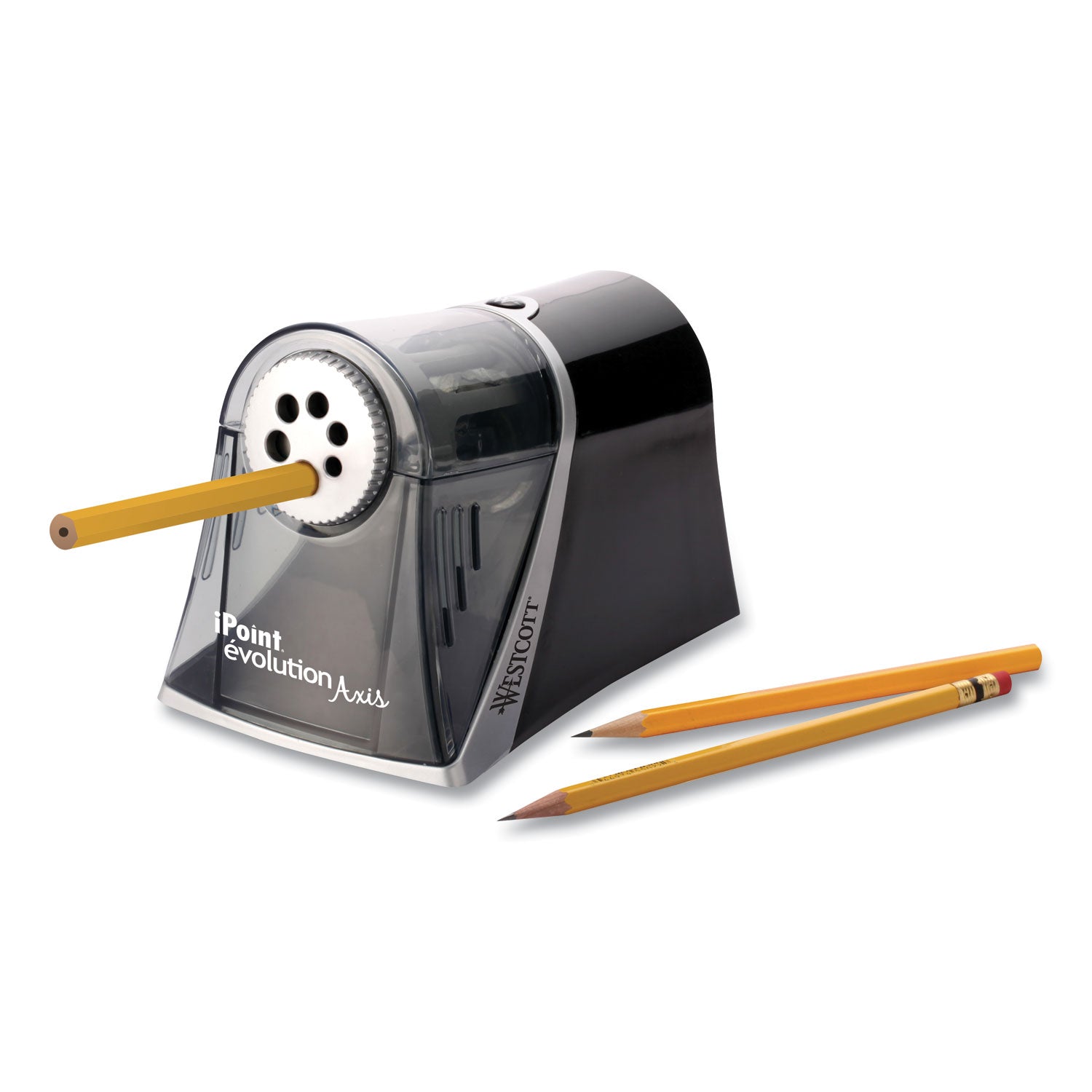 Westcott iPoint Evolution Axis Pencil Sharpener, AC-Powered, 5 x 7.5 x 7.25, Black/Silver (15509)