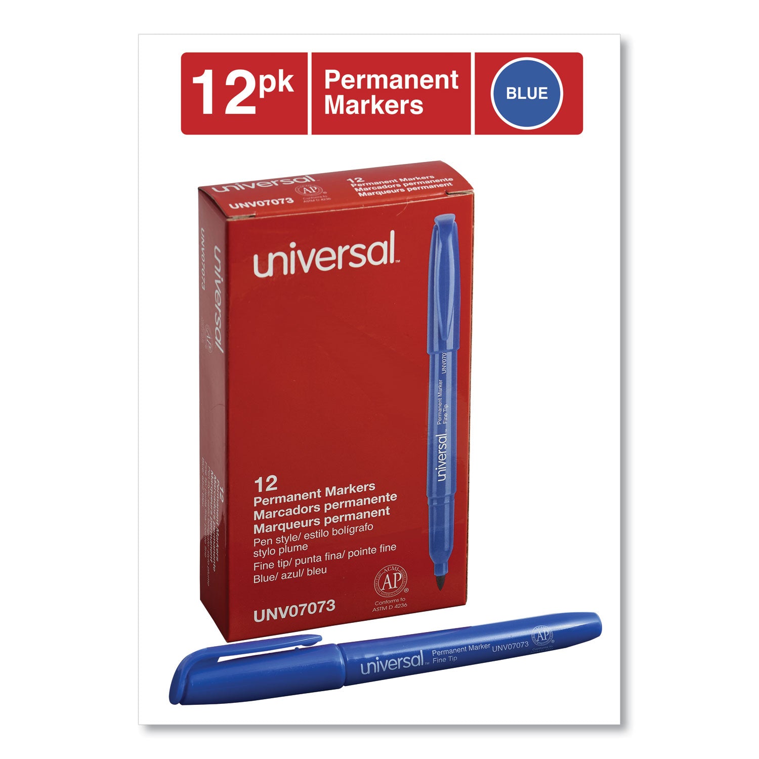 Universal Pen-Style Permanent Marker, Fine Bullet Tip, Blue, Dozen (07073)