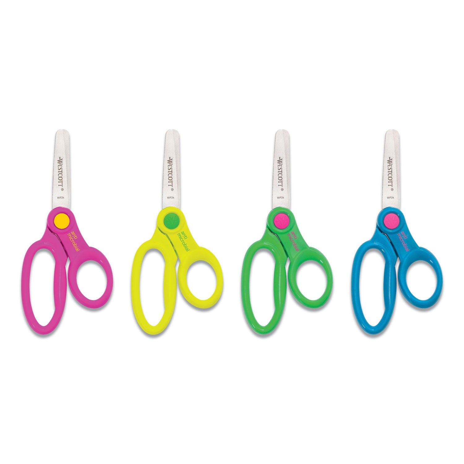 Westcott Kids' Scissors with Antimicrobial Protection, Rounded Tip, 5" Long, 2" Cut Length, Straight Assorted Color Handles, 12/Pack (14871)