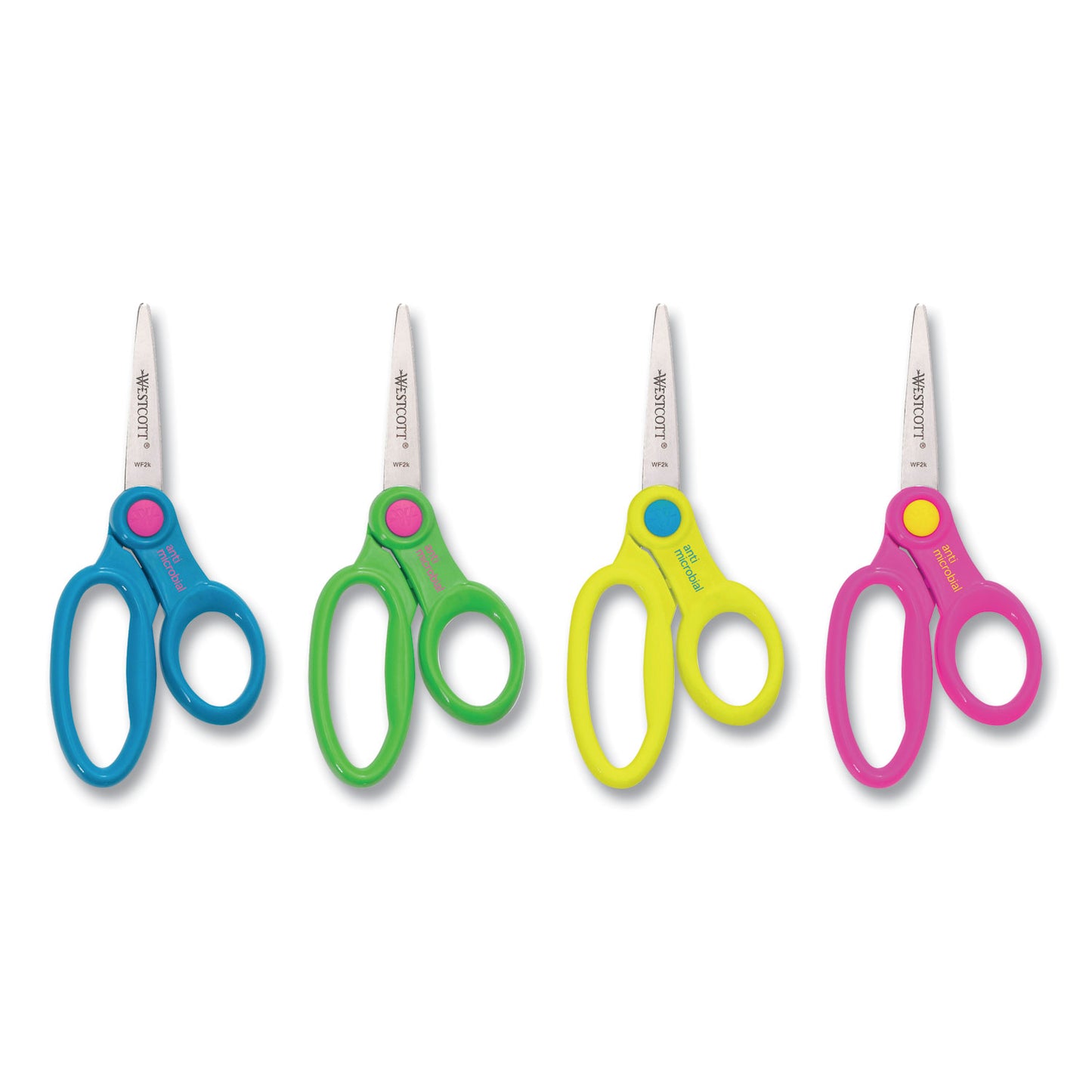Westcott Scissor Caddy with Kids' Scissors, Pointed Tip, 5" Long, 2" Cut Length, Straight Assorted Color Handles, 24/Set (14755)