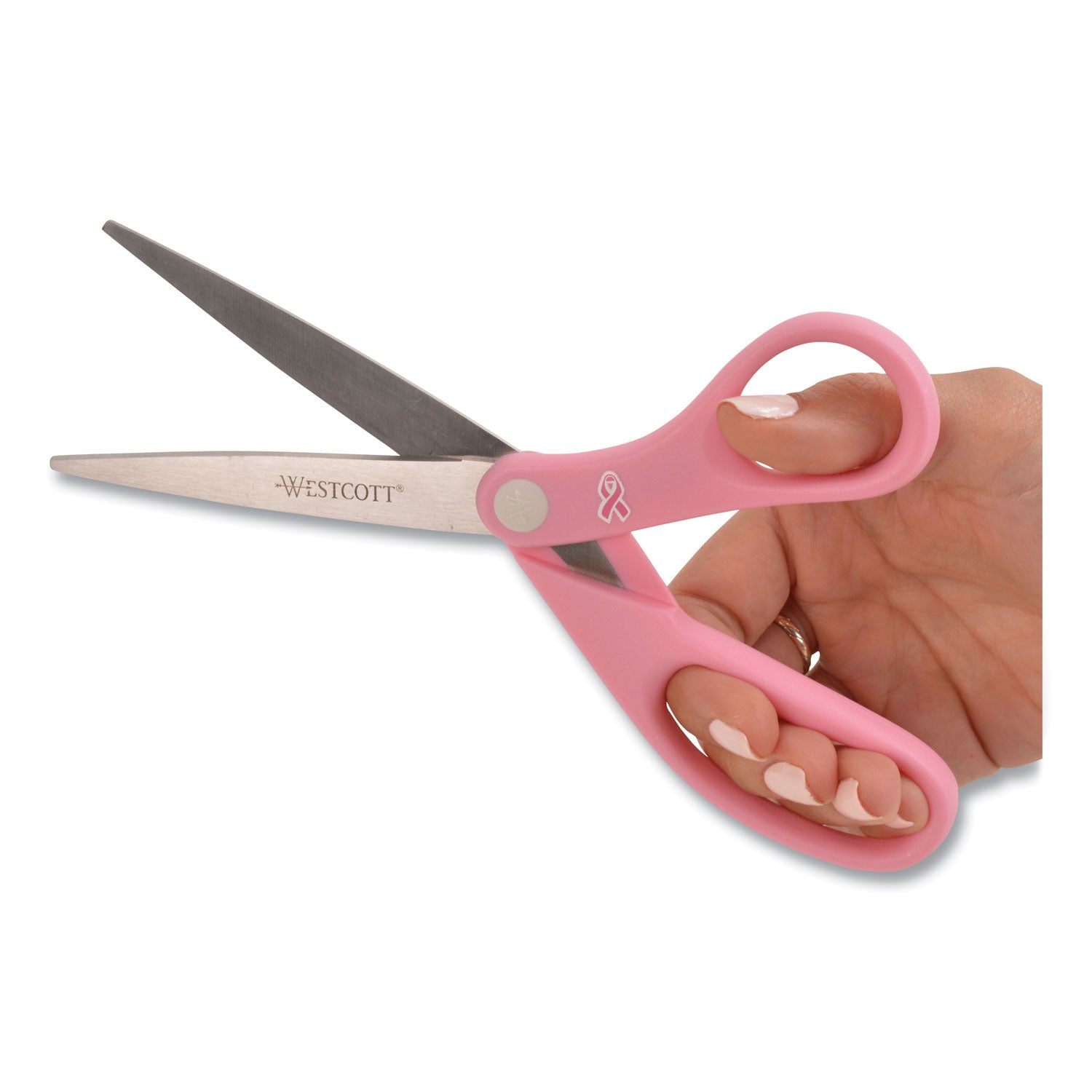 Westcott All Purpose Pink Ribbon Scissors, 8" Long, 3.5" Cut Length, Straight Pink Handle (15387)