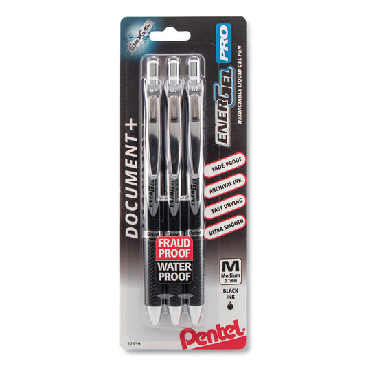 Pentel EnerGel PRO Hybrid Gel Pen, Retractable, Medium 0.7 mm, Black Ink, Black Barrel, 3/Pack (BLP77BP3A)