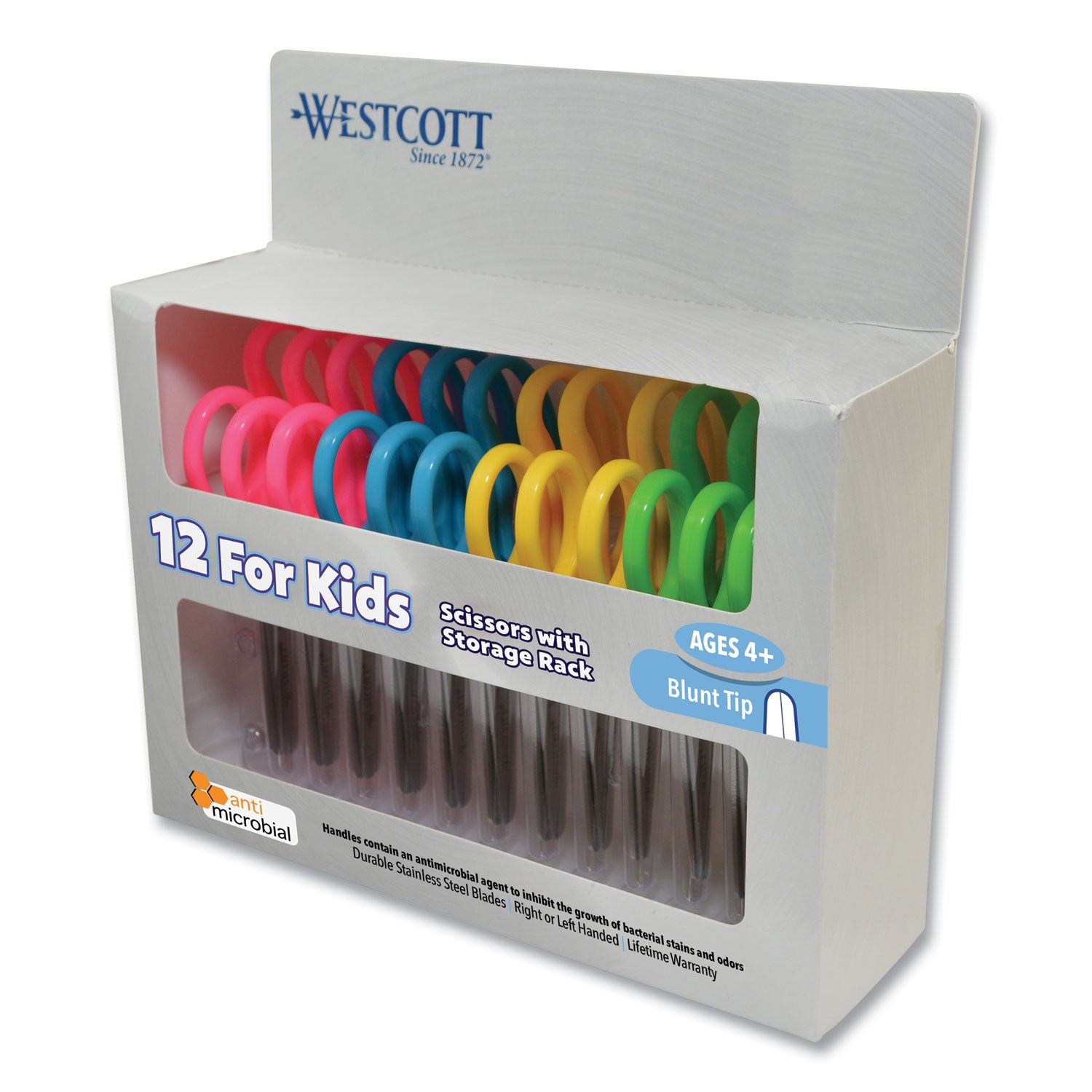 Westcott Kids' Scissors with Antimicrobial Protection, Rounded Tip, 5" Long, 2" Cut Length, Straight Assorted Color Handles, 12/Pack (14871)