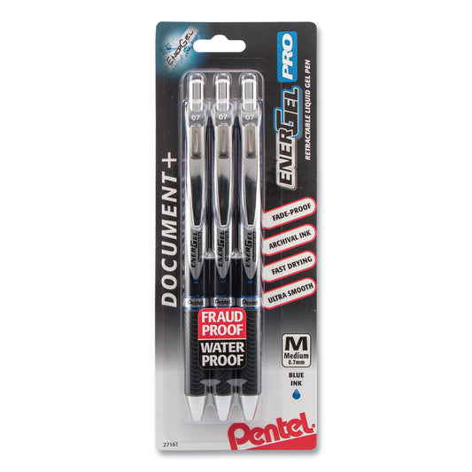 Pentel EnerGel PRO Hybrid Gel Pen, Retractable, Medium 0.7 mm, Blue Ink, Black Barrel, 3/Pack (BLP77BP3C)