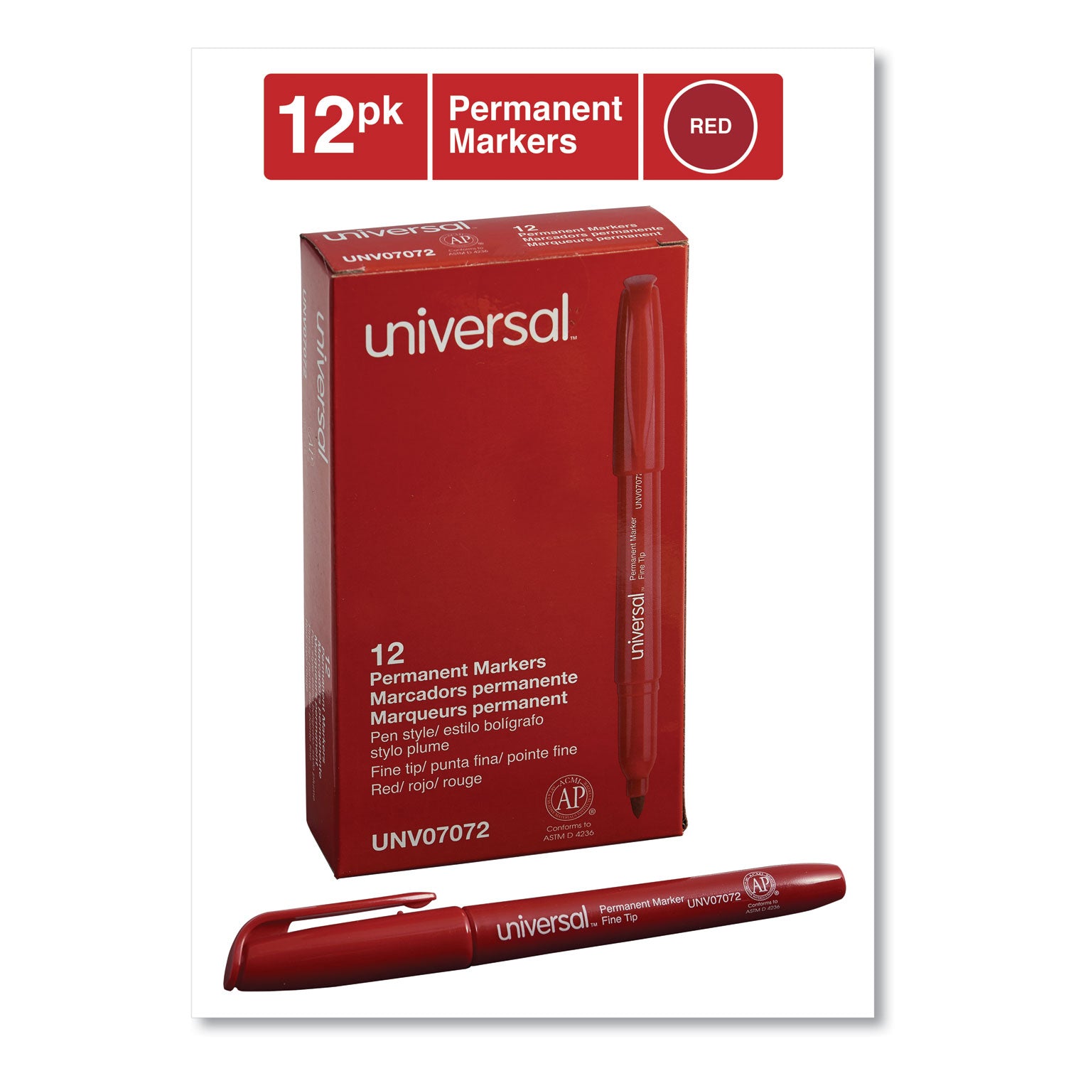 Universal Pen-Style Permanent Marker, Fine Bullet Tip, Red, Dozen (07072)