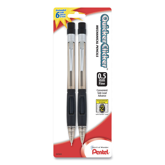 Pentel Quicker Clicker Mechanical Pencil, 0.5 mm, HB (#2), Black Lead, Smoke/Black Barrel, 2/Pack (PD345BP2K6)