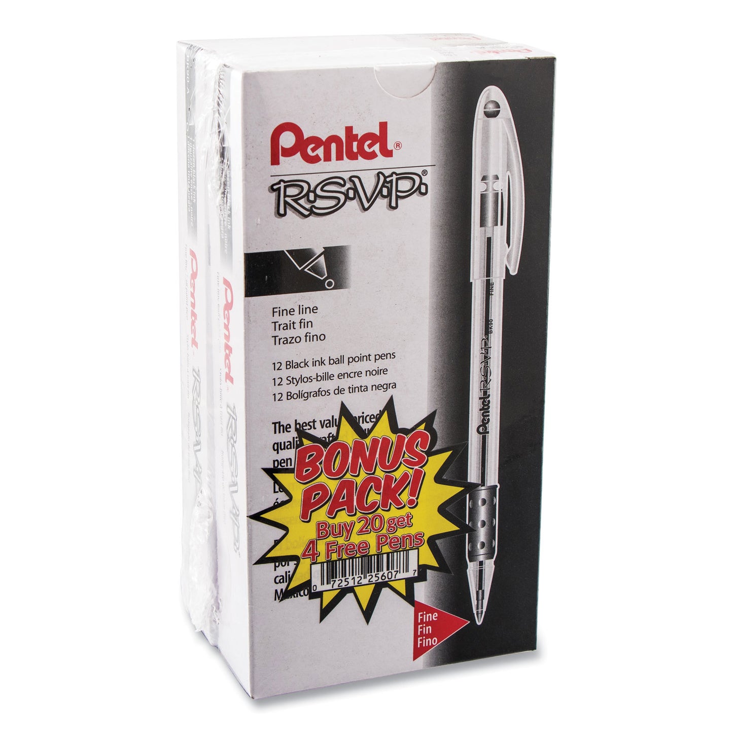 Pentel R.S.V.P. Ballpoint Pen Value Pack, Stick, Fine 0.7 mm, Black Ink, Clear/Black Barrel, 24/Pack (BK90ASW2)