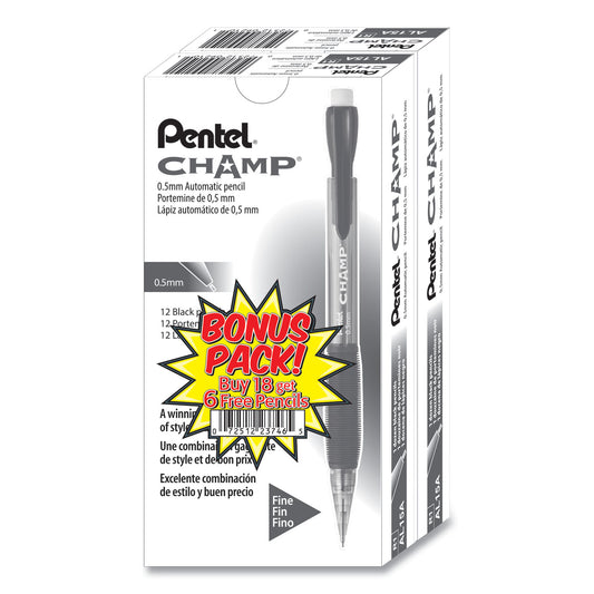 Pentel Champ Mechanical Pencil Value Pack, 0.5 mm, HB (#2), Black Lead, Clear/Black Barrel, 24/Pack (AL15ASW2)