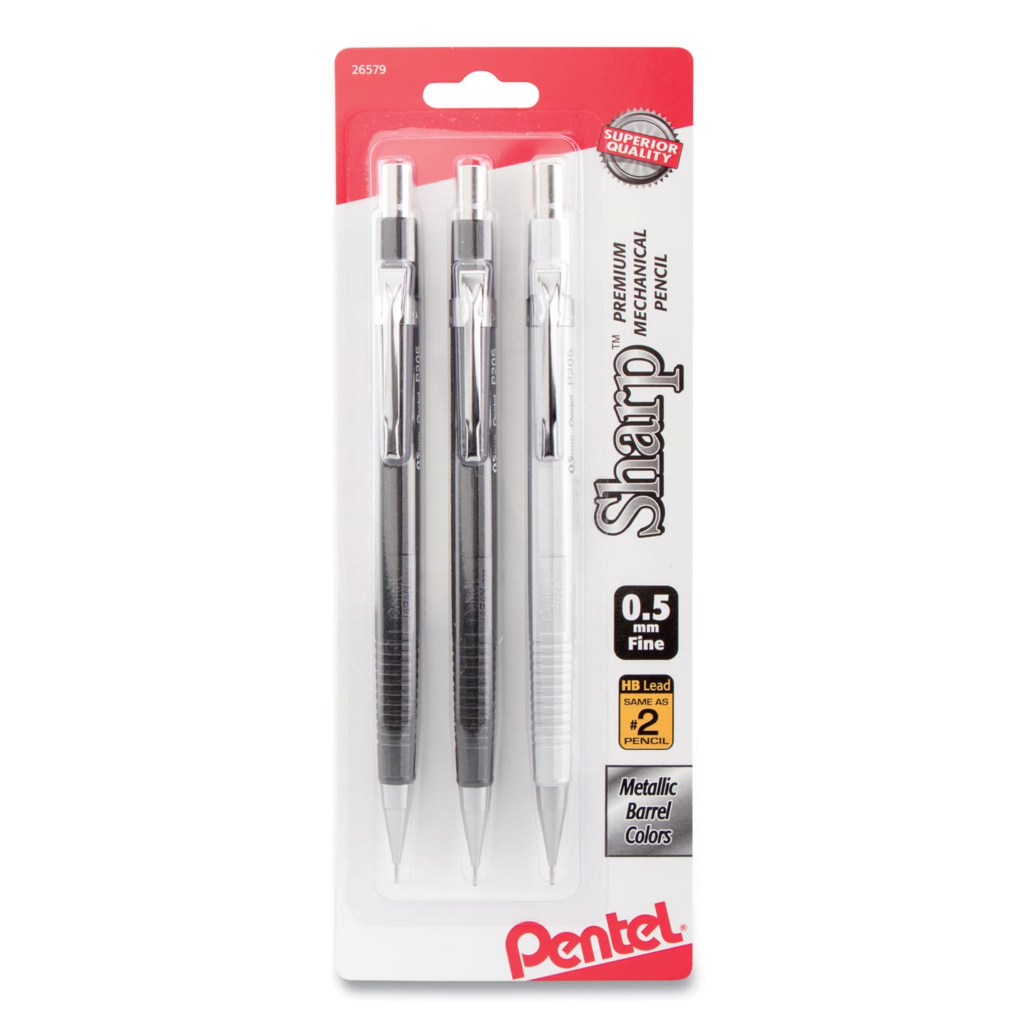 Pentel Sharp Mechanical Pencil, 0.5 mm, HB (#2), Black Lead, Assorted Barrel Colors, 3/Pack (P205MBP3M)