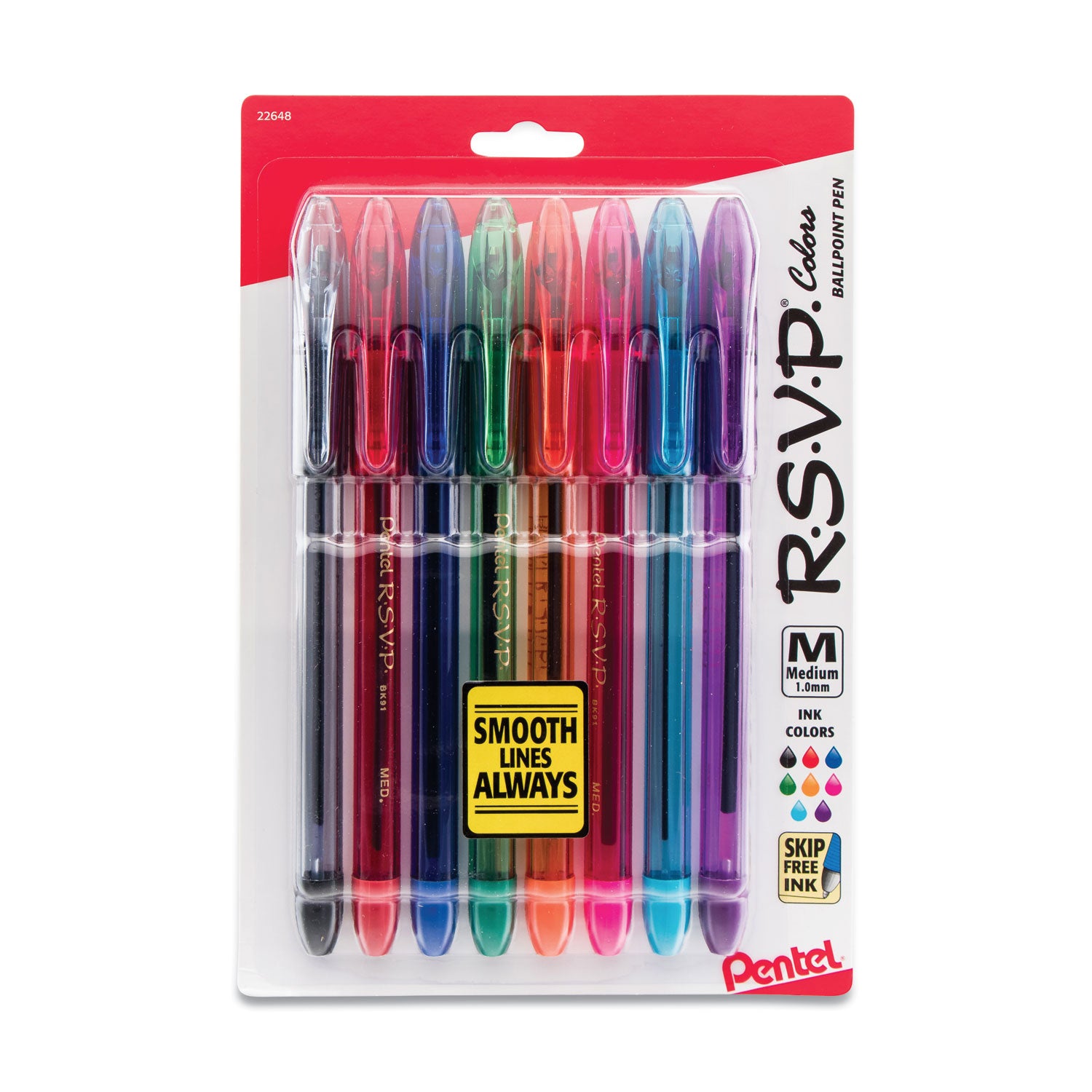 Pentel R.S.V.P. Ballpoint Pen, Stick, Medium 1 mm, Assorted Ink and Barrel Colors, 8/Pack (BK91CRBP8M)