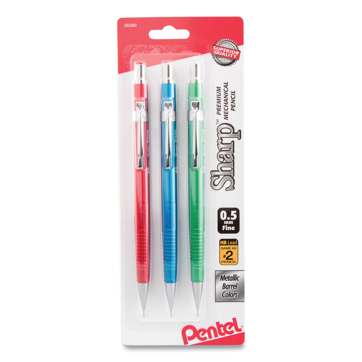 Pentel Sharp Mechanical Pencil, 0.5 mm, HB (#2), Black Lead, Assorted Barrel Colors, 3/Pack (P205MBP3M1)