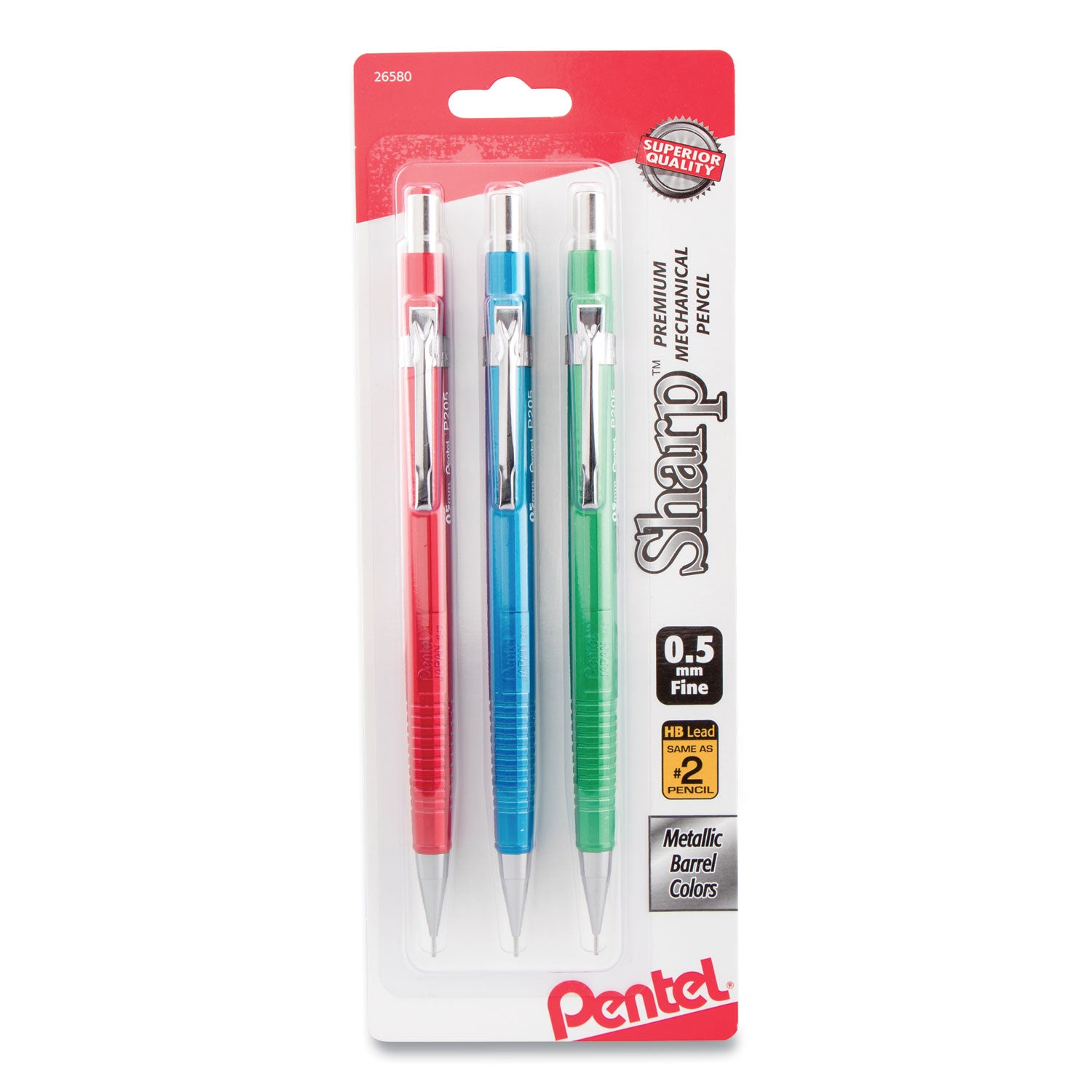 Pentel Sharp Mechanical Pencil, 0.5 mm, HB (#2), Black Lead, Assorted Barrel Colors, 3/Pack (P205MBP3M1)