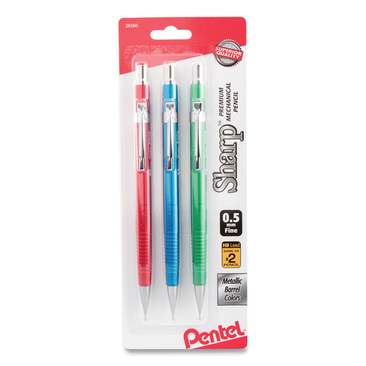 Pentel Sharp Mechanical Pencil, 0.5 mm, HB (#2), Black Lead, Assorted Barrel Colors, 3/Pack (P205MBP3M1)