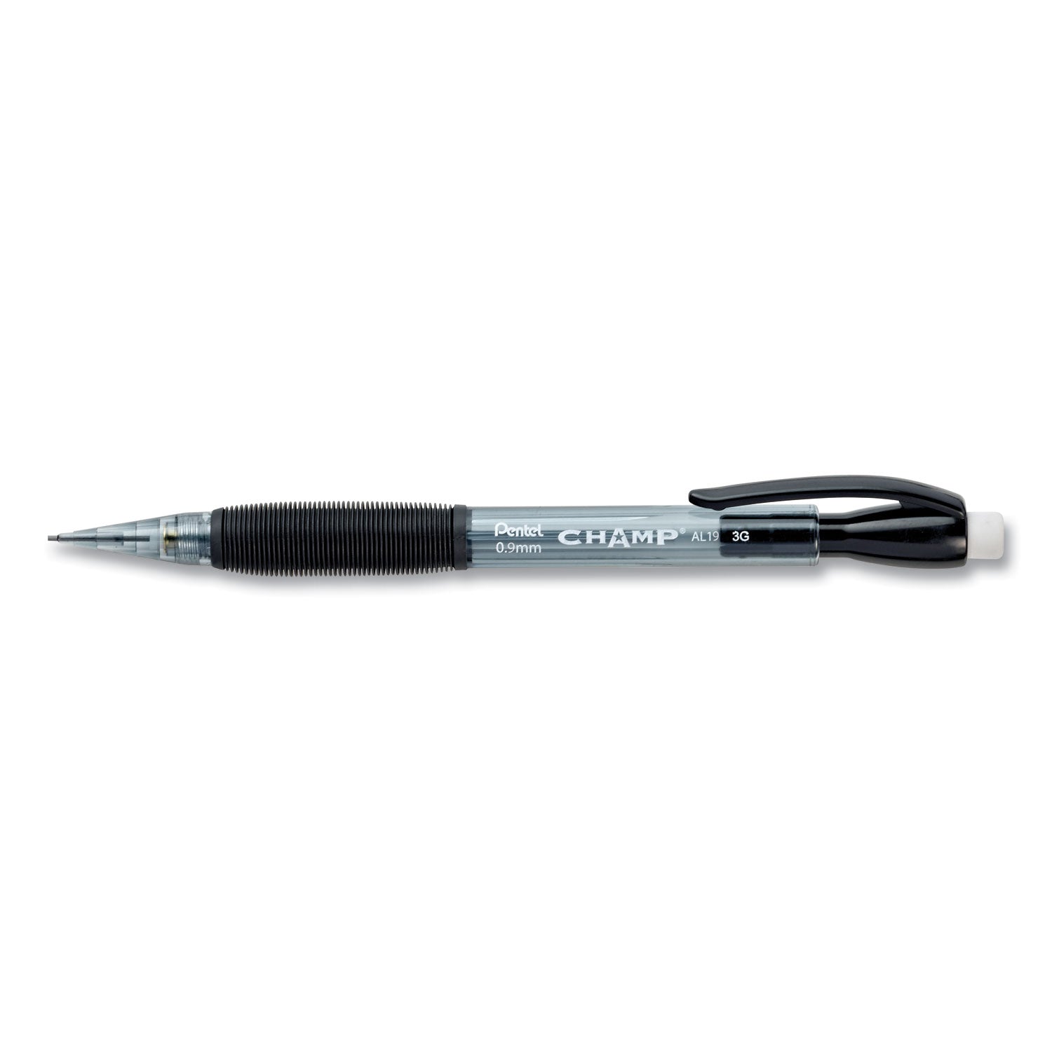 Pentel Champ Mechanical Pencil, 0.9 mm, HB (#2), Black Lead, Clear/Black Barrel, Dozen (AL19A)