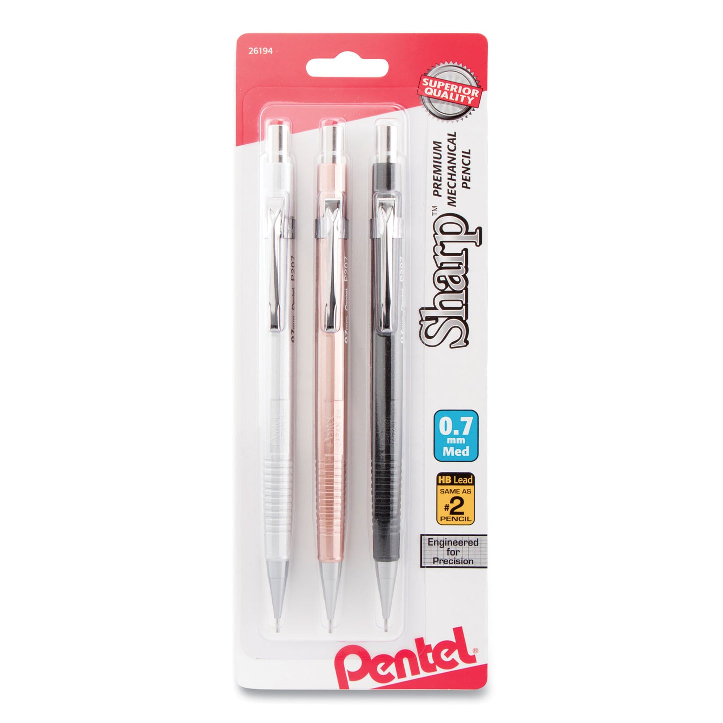 Pentel Sharp Mechanical Pencil, 0.7 mm, HB (#2), Black Lead, Assorted Barrel Colors, 3/Pack (P207MBP3M)