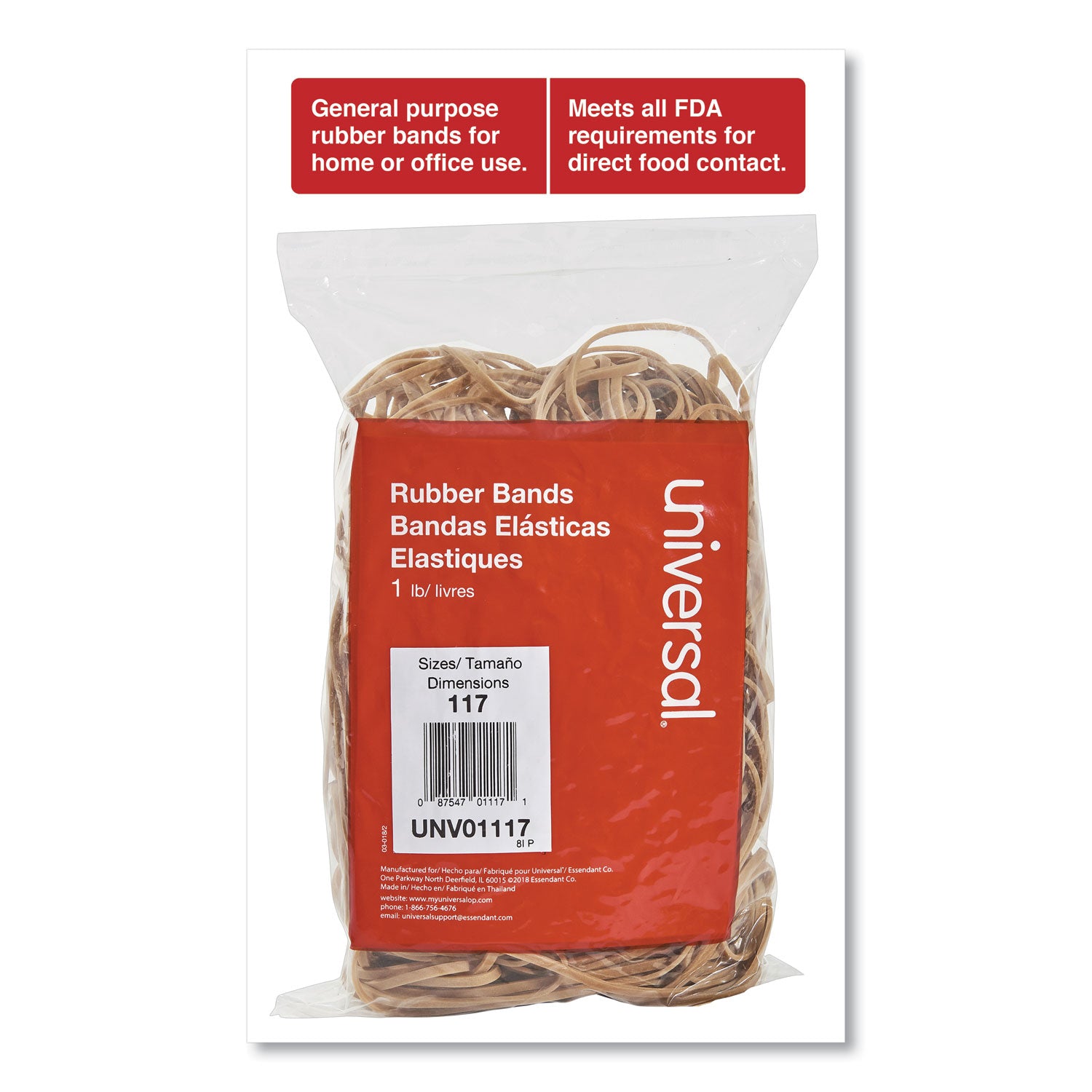 Universal Rubber Bands, Size 117, 0.06" Gauge, Beige, 1 lb Box, 210/Pack (01117)