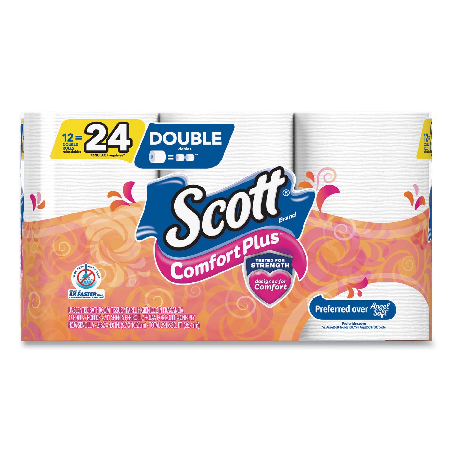 Scott ComfortPlus Toilet Paper, Double Roll, Bath Tissue, Septic Safe, 1-Ply, White, 231 Sheets/Roll, 12 Rolls/Pack, 4 Packs/Carton (47618)