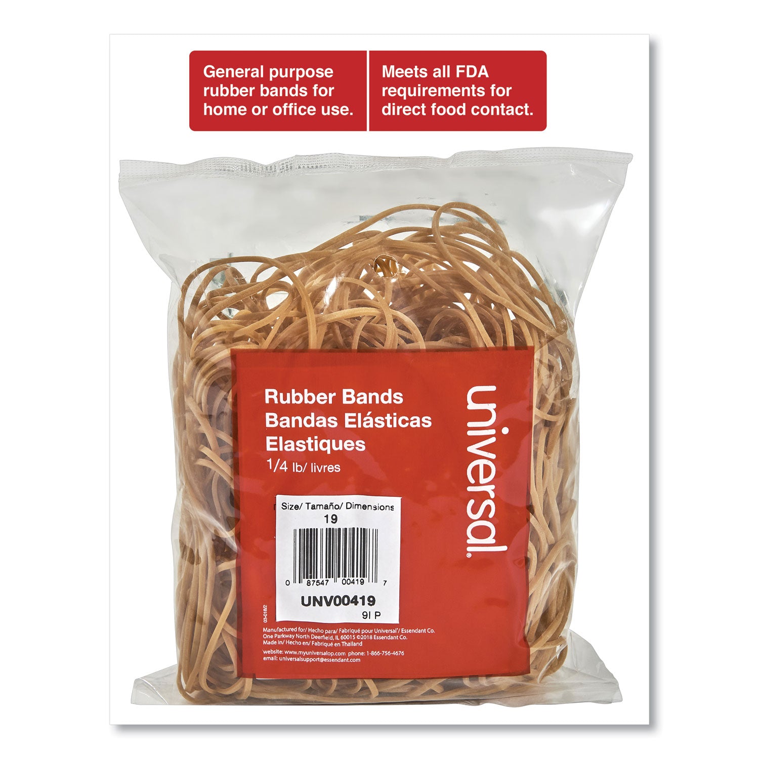 Universal Rubber Bands, Size 19, 0.04" Gauge, Beige, 4 oz Box, 310/Pack (00419)