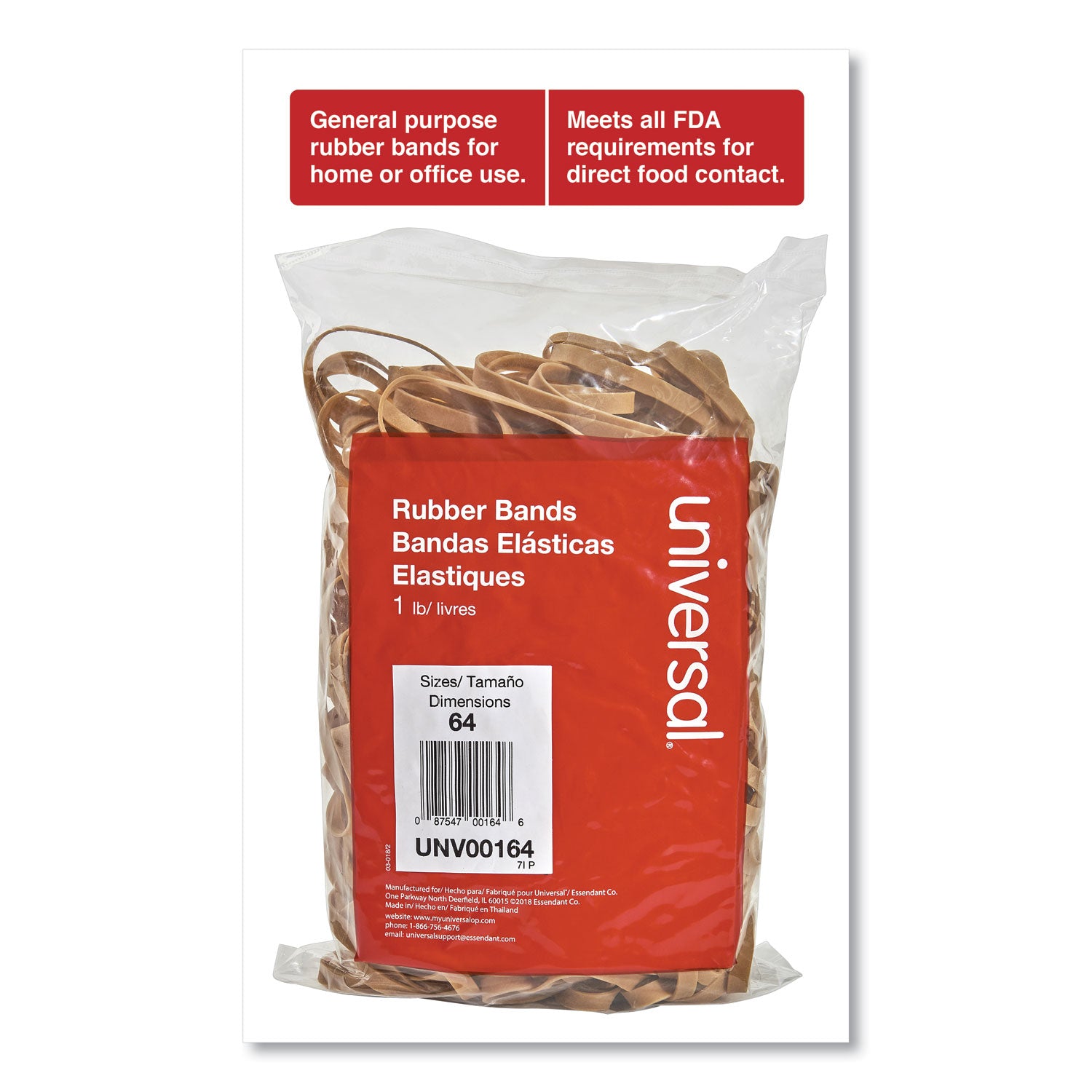 Universal Rubber Bands, Size 64, 0.04" Gauge, Beige, 1 lb Bag, 320/Pack (00164)