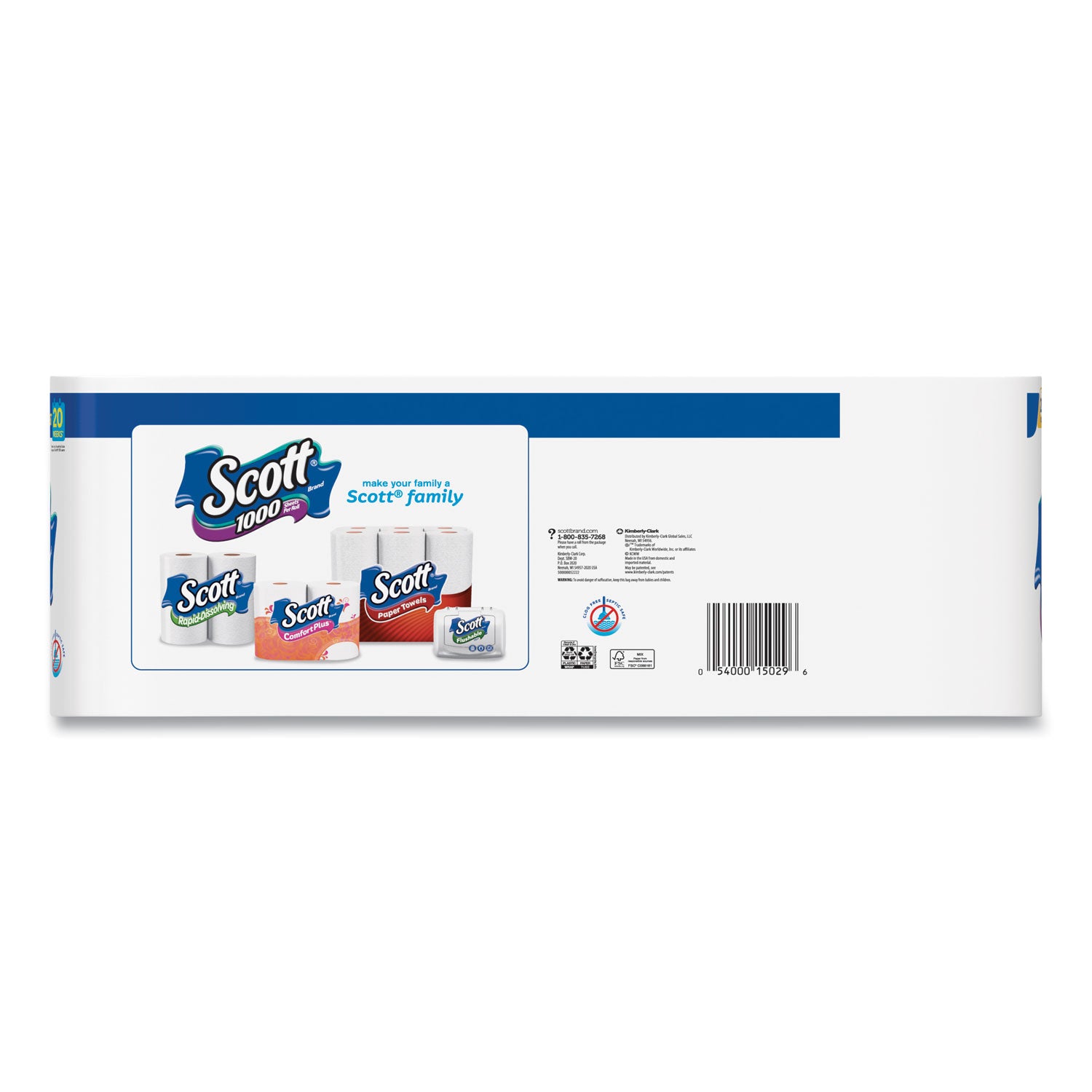 Scott 1000 Bathroom Tissue, Septic Safe, 1-Ply, White, 1,000 Sheet/Roll, 20/Pack (20032)