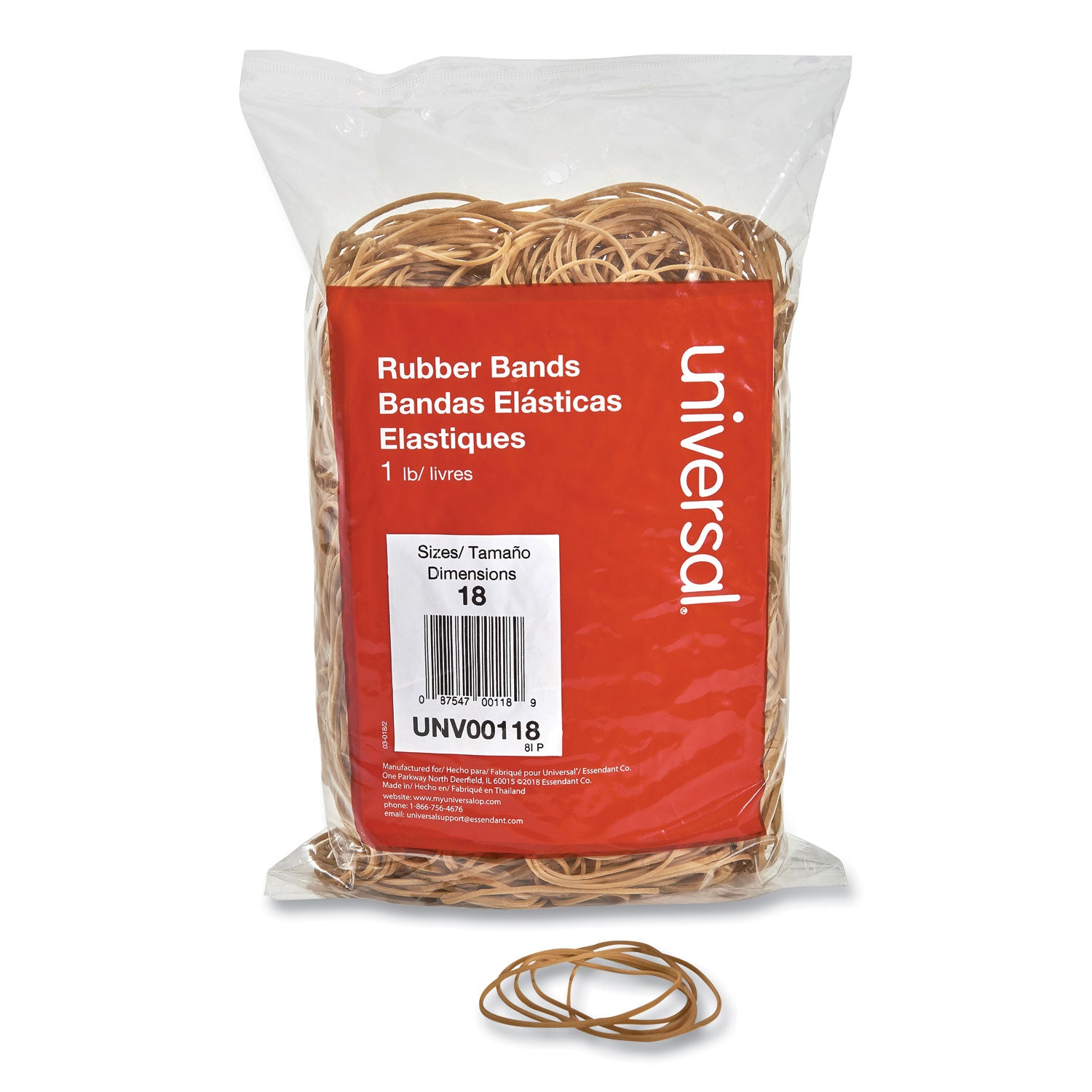 Universal Rubber Bands, Size 18, 0.04" Gauge, Beige, 1 lb Box, 1,600/Pack (00118)