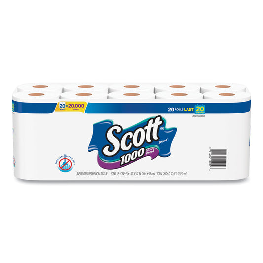 Scott 1000 Bathroom Tissue, Septic Safe, 1-Ply, White, 1,000 Sheet/Roll, 20/Pack (20032)