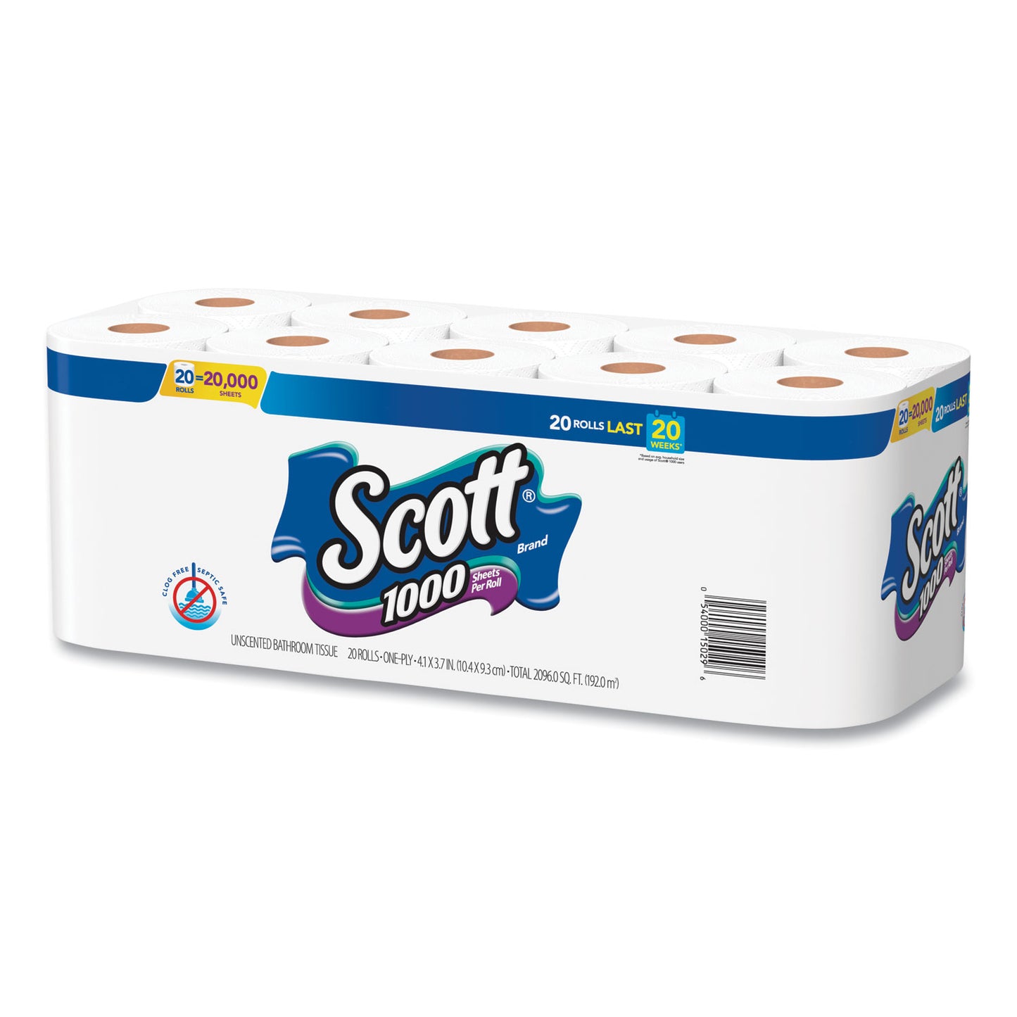 Scott 1000 Bathroom Tissue, Septic Safe, 1-Ply, White, 1,000 Sheet/Roll, 20/Pack (20032)