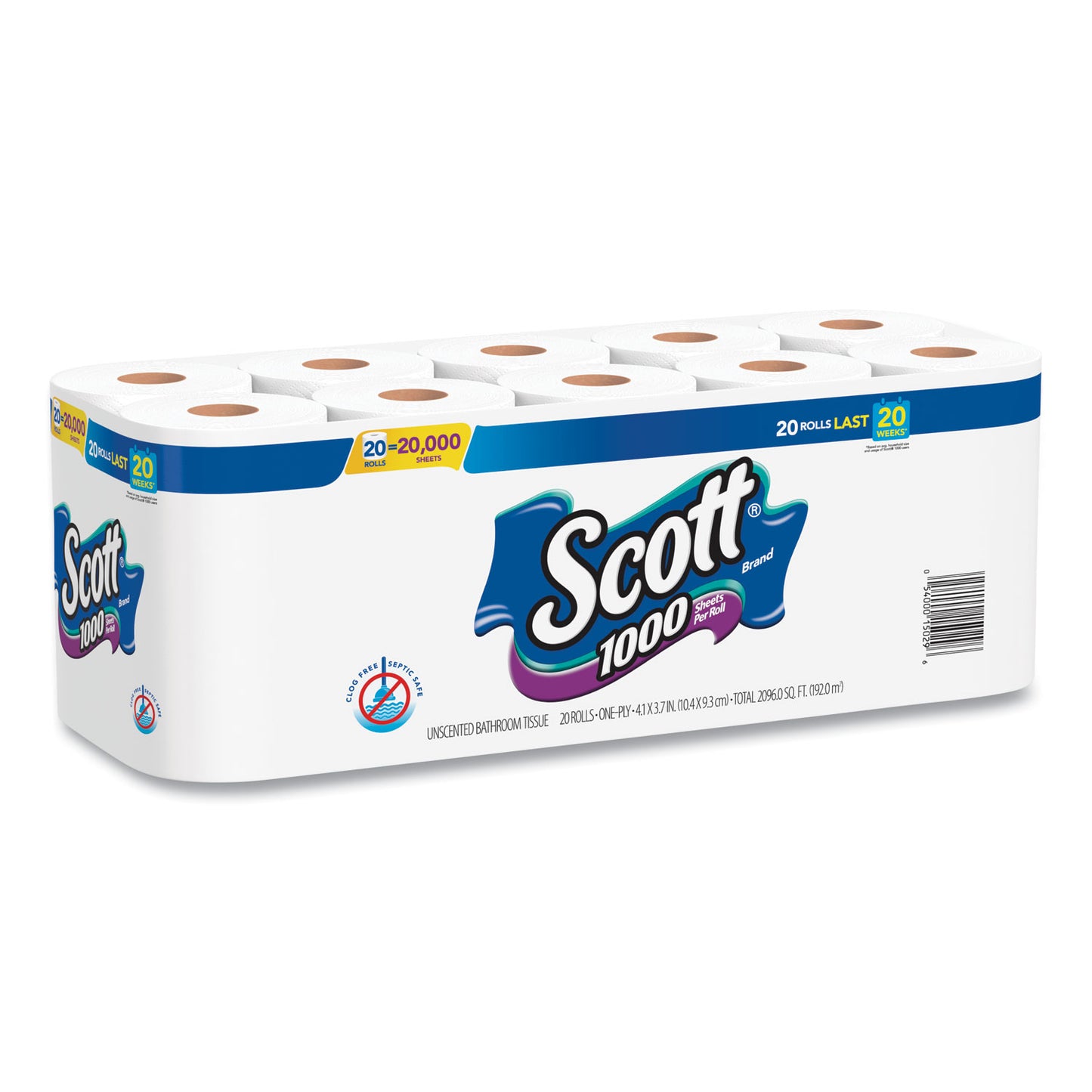 Scott 1000 Bathroom Tissue, Septic Safe, 1-Ply, White, 1,000 Sheet/Roll, 20/Pack (20032)