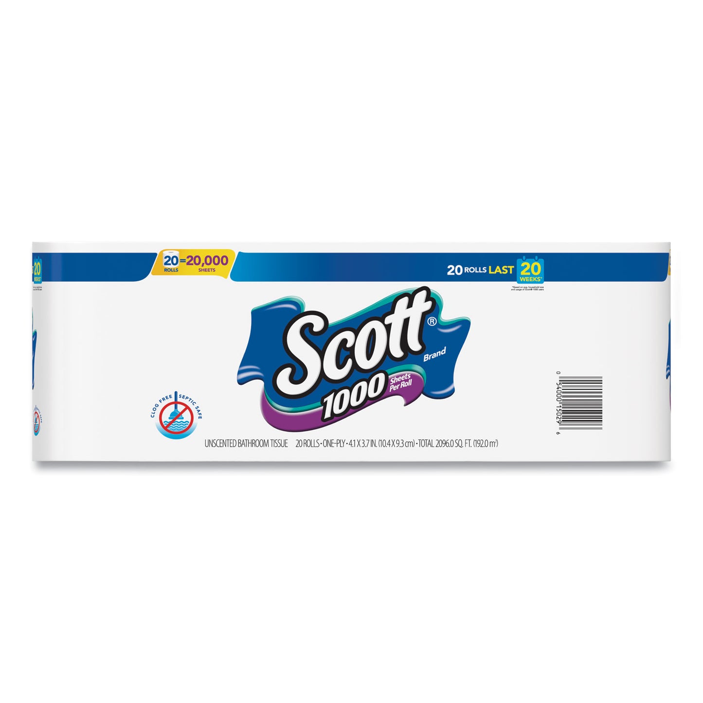 Scott 1000 Bathroom Tissue, Septic Safe, 1-Ply, White, 1,000 Sheet/Roll, 20/Pack (20032)