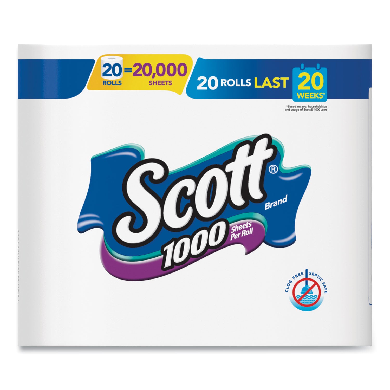 Scott 1000 Bathroom Tissue, Septic Safe, 1-Ply, White, 1,000 Sheet/Roll, 20/Pack (20032)