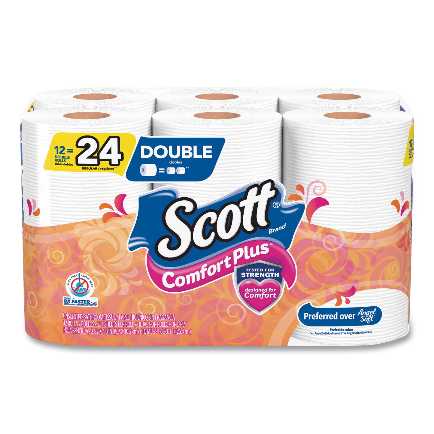 Scott ComfortPlus Toilet Paper, Double Roll, Bath Tissue, Septic Safe, 1-Ply, White, 231 Sheets/Roll, 12 Rolls/Pack, 4 Packs/Carton (47618)